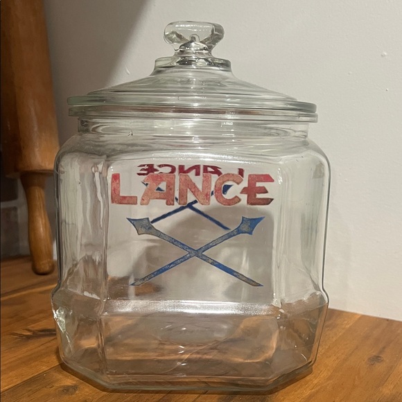 Vintage Clear Glass Cookie Jar with Red and Blue Lance Graphic